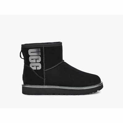 Botas UGG Classic Mini Rubber Logo Mulher Pretas Metal | PT-PALQJ